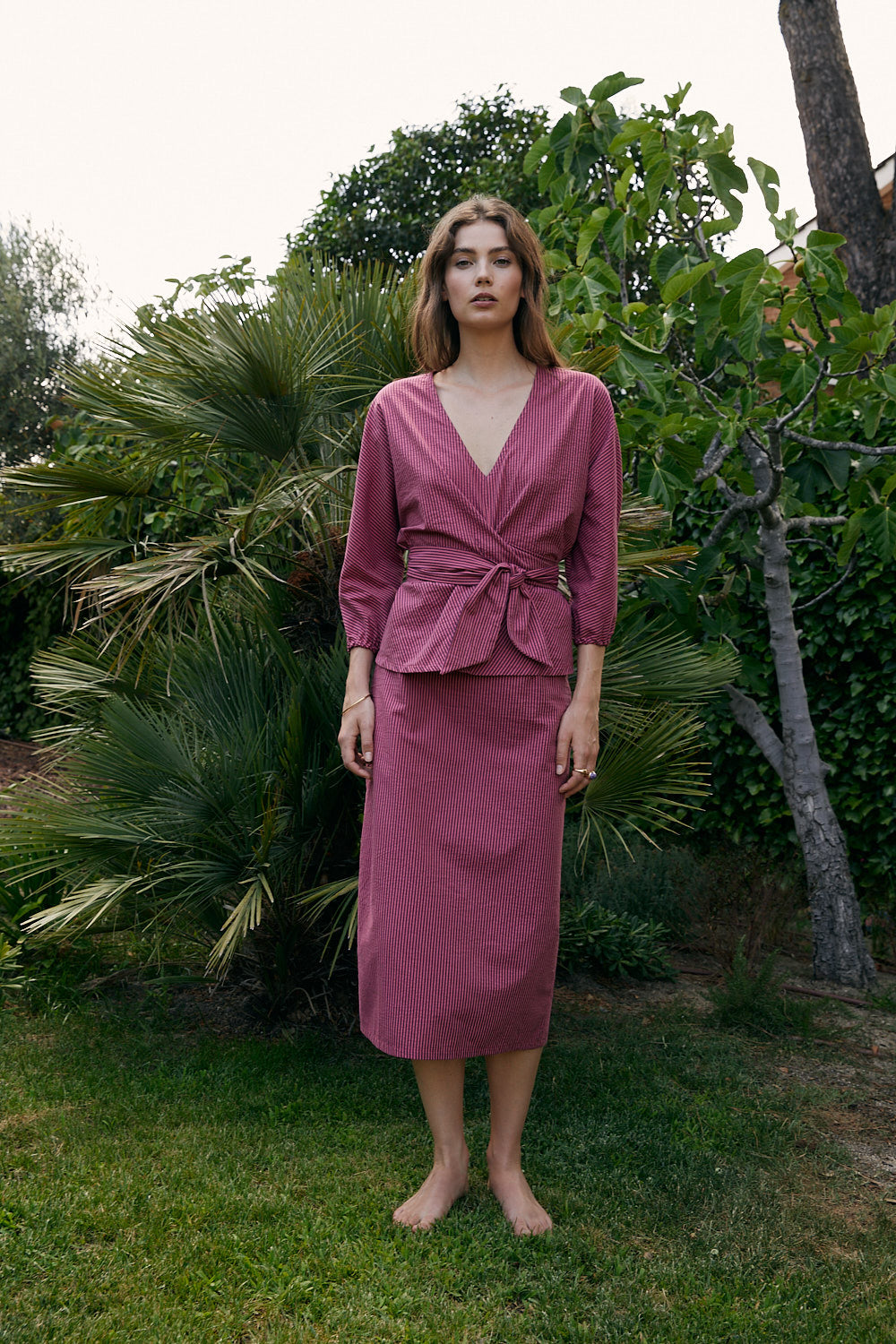 SIENNA skirt with fine raspberry stripes